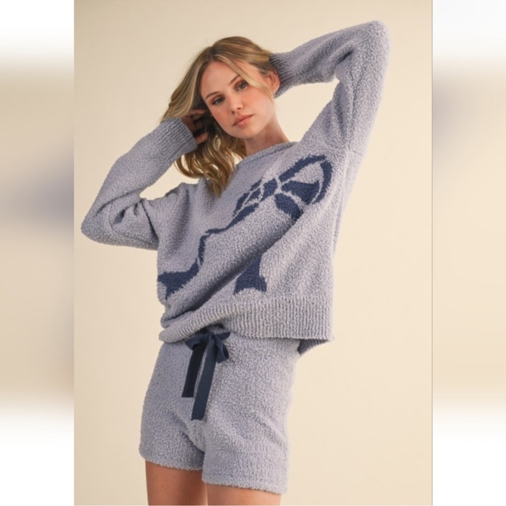 Klesis Bow Cozy Knit Lounge Set Blue Sweater Shorts Coquette NWT S - Picture 4 of 8